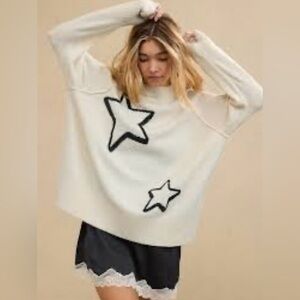 Aerie Crewneck Sweater Bold Star Motifs In Cream/Black Size XL